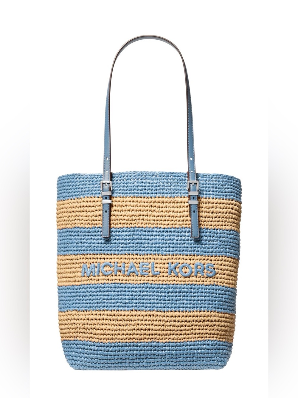 Michael Kors Quinn Large Blue and Tan Striped Raffia Tote
